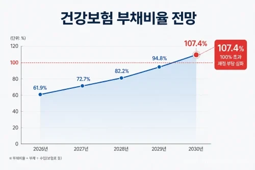 2026년부터 2030년까지 건강보험 부채비율 전망을 보여주는 꺾은선 그래프.
