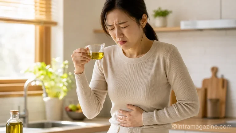 불편한 표정으로 배를 잡고 있는 사람과 올리브오일 한 잔