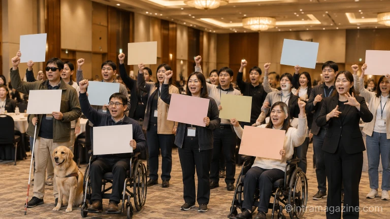 시청각장애인 당사자 대회 참가자들이 모여 권리 보장 피켓 퍼포먼스를 진행하는 모습