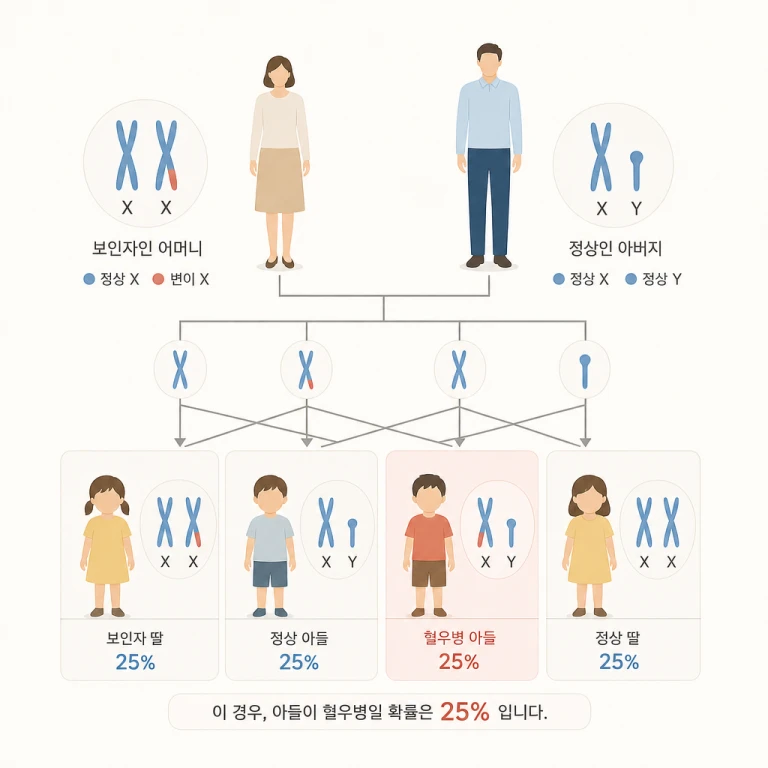 X염색체 열성 유전 방식 설명 다이어그램