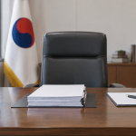 공직자 재산등록 관련 행정 서류와 서명용 만년필이 놓인 업무용 책상