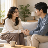 가족과 함께 앉아 차분하게 대화를 나누는 모습
