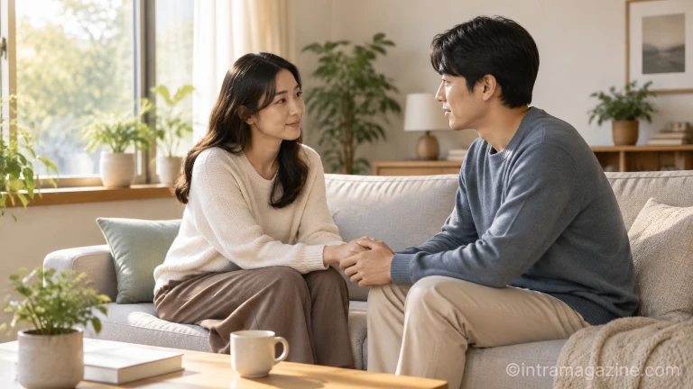 가족과 함께 앉아 차분하게 대화를 나누는 모습