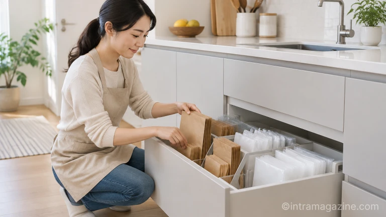 생활용품 정리법을 적용해 주방 수납장 서랍에서 종이봉투와 비닐봉지를 정리하는 모습