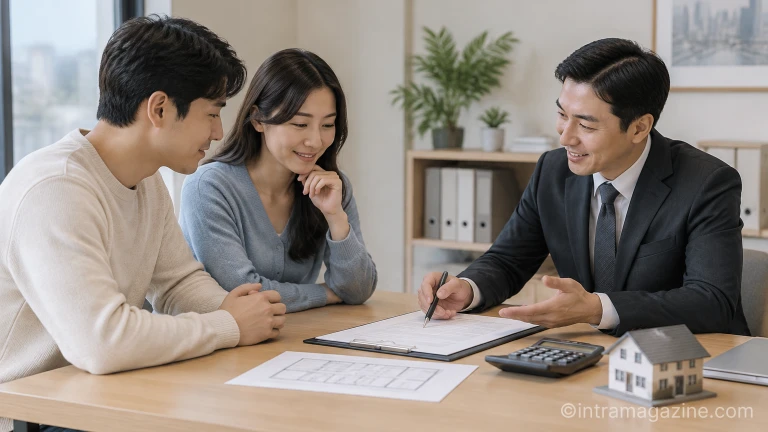 부동산 매매 계약 서류와 세무 계산기가 놓인 테이블
