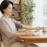 한 여성이 올바른 자세로 앉아 가정용 혈압계로 자신의 혈압을 측정하고 있다.