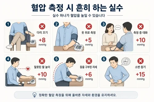 혈압 측정 시 피해야 할 6가지 실수를 보여주는 인포그래픽.