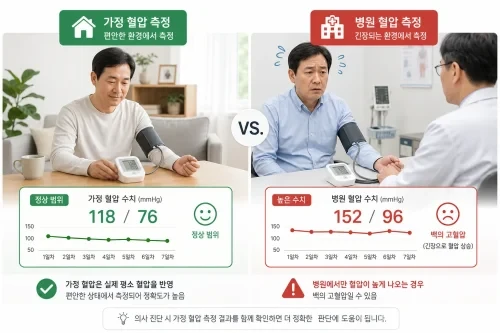 집에서 잰 혈압과 병원에서 잰 혈압의 차이를 보여주는 그림.