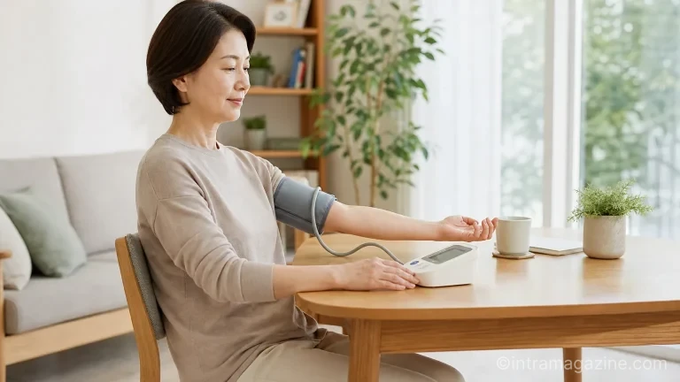 한 여성이 올바른 자세로 앉아 가정용 혈압계로 자신의 혈압을 측정하고 있다.