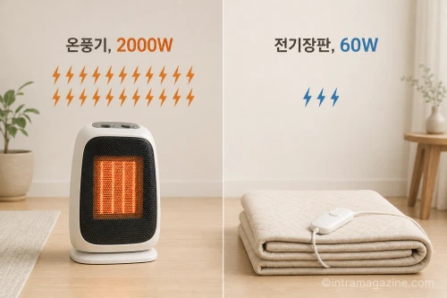 온풍기와 전기장판의 시간당 소비전력을 비교하는 인포그래픽