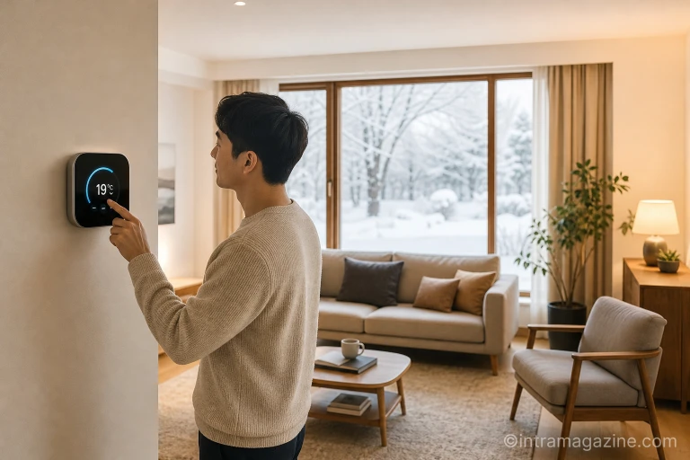 한 사람이 보일러 온도 조절기를 설정하며 난방비를 절약하는 모습