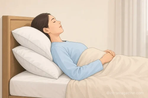 베개를 여러 개 겹쳐 상체를 높이고 자는 모습 일러스트