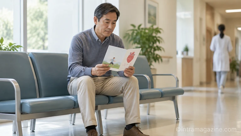병원 대기실에서 환자가 심혈관 건강 검진 및 질환 예방 가이드 자료를 읽고 있는 장면