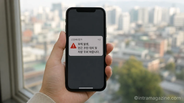 화재 발생을 알리는 긴급재난문자가 표시된 스마트폰 화면