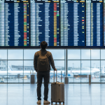공항 출발층 전광판 앞에서 여행 목적지를 고민하는 남성
