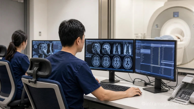병원 영상의학과 판독실에서 듀얼 모니터로 정밀 MRI 영상과 환자 전산 기록을 검토하는 업무 공간
