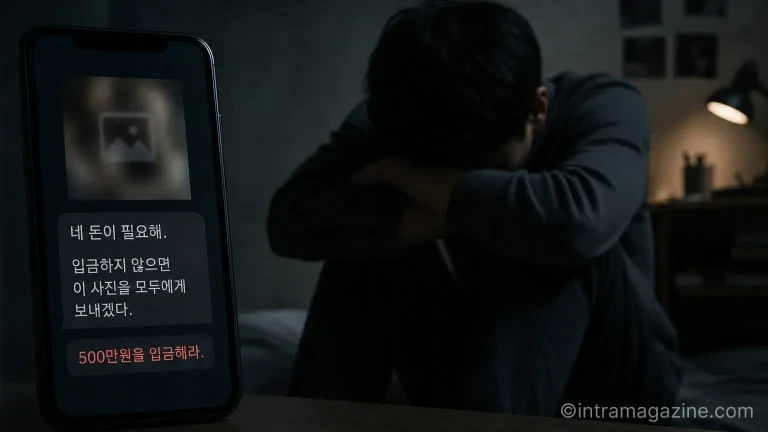 나체 사진 유포 협박과 불법 사채의 위험성을 암시하는 이미지.