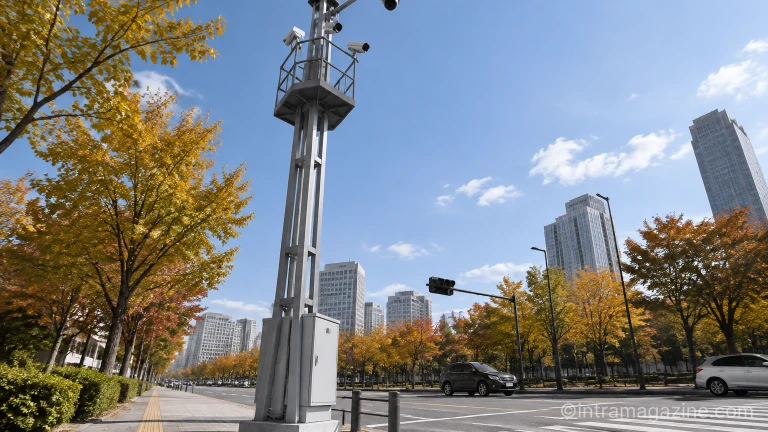 도심 도로변에 설치된 교통 관제용 철제 타워와 상부 CCTV 설비 전경