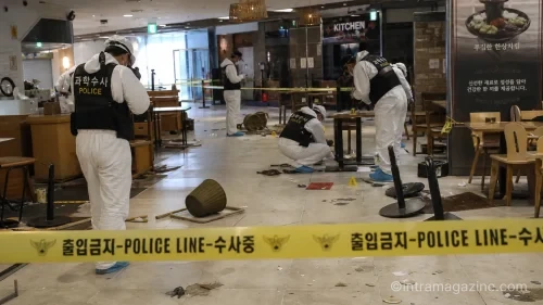 인천 흉기난동 사건 현장. 경찰이 통제선을 설치하고 감식을 진행 중인 모습.