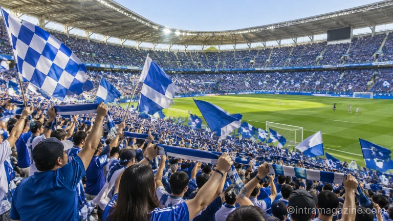 축구장 스탠드에서 깃발을 흔들며 환호하는 서포터즈 관중들의 전경