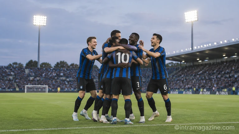 경기장에서 득점 후 함께 모여 기뻐하는 축구 선수들의 모습