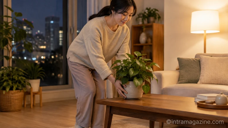 야간 냉기를 피해 거실 안쪽으로 이동 배치한 실내 화초 화분들