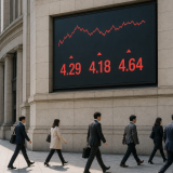 은행 외벽의 전광판에 표시된 금융 지표와 그 앞을 걸어가는 시민들의 모습