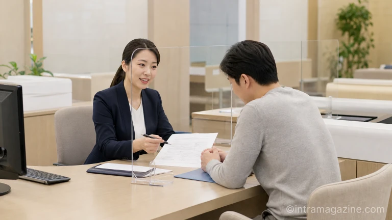 시중은행 대출 창구에서 상담 서류를 검토하는 은행원과 고객의 모습