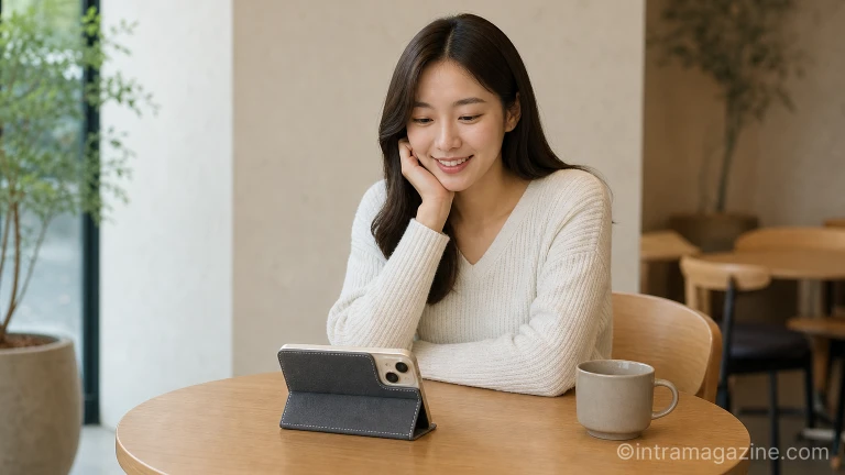 킥스탠드 폴리오 케이스를 거치대로 활용하는 모습
