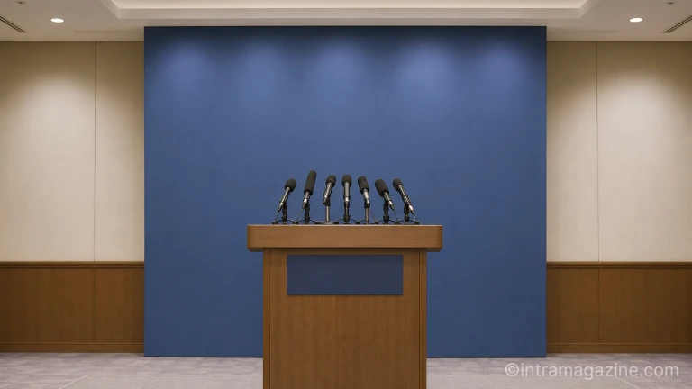 조사 결과 발표와 공식 브리핑이 열리는 프레스룸 연단과 마이크 배치 전경
