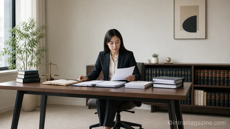 법률 서적과 판례 문서가 놓인 법률 상담 공간