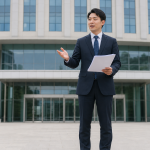 정부세종청사 국토교통부 건물 앞에서 정책을 설명하는 공무원