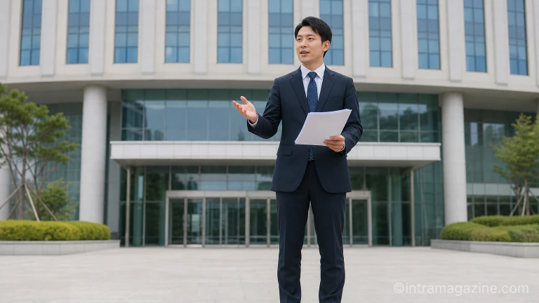정부세종청사 국토교통부 건물 앞에서 정책을 설명하는 공무원