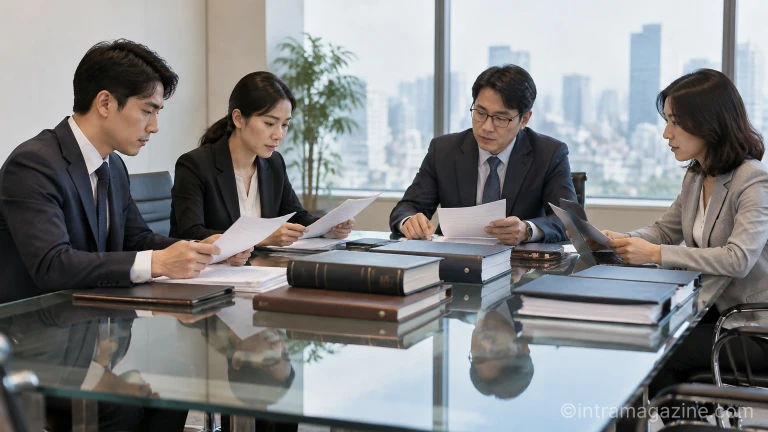 기업 인수 관련 법률 서류와 서류철이 놓여 있는 회의실 테이블