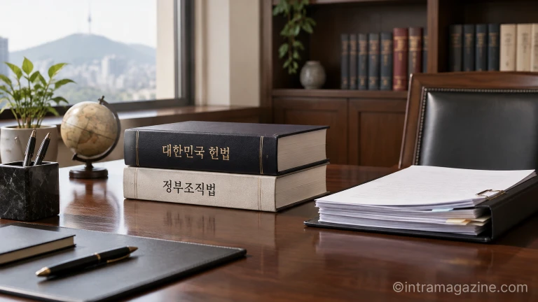 회의용 탁자 위에 정돈된 법률 자료와 공문서
