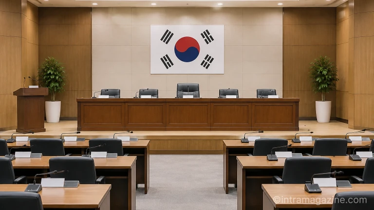 정부 청사 국무회의장 연단과 태극기