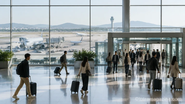 국제공항 입국장 로비와 유리창 너머로 펼쳐진 활주로 풍경