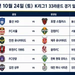 2026년 10월 24일 K리그1 33라운드 경기 일정표. 서울 대 강원, 울산 대 포항 등 6경기가 모두 오후 2시에 열린다.