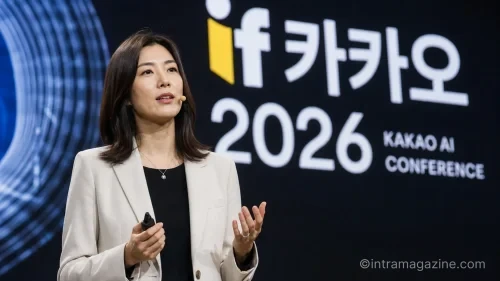 이프 카카오 2026 콘퍼런스에서 기조연설을 하는 정신아 카카오 대표