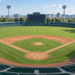 체계적으로 정돈된 KBO 프로야구 경기장의 내야와 외야 필드 전경