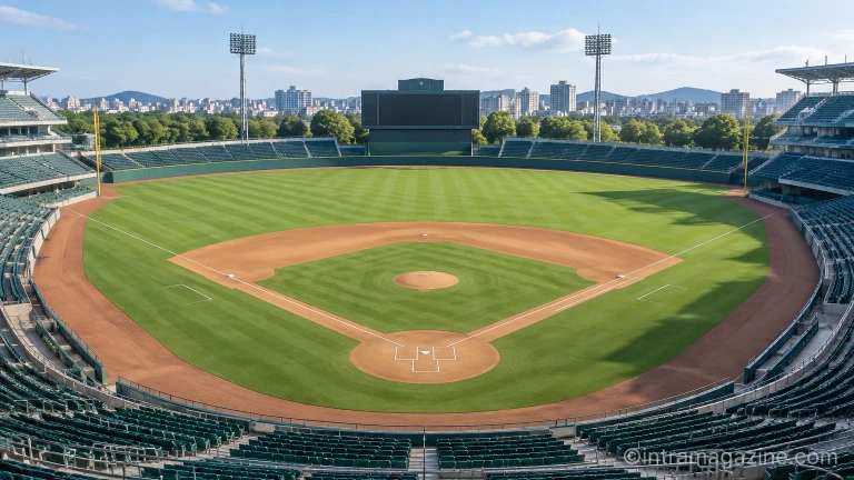 체계적으로 정돈된 KBO 프로야구 경기장의 내야와 외야 필드 전경