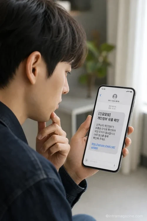 스마트폰으로 스미싱 의심 문자를 확인하며 주의하는 사용자