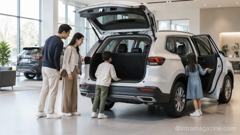 자동차 전시장 내부에서 패밀리 SUV 차량의 외관과 실내를 살펴보는 고객