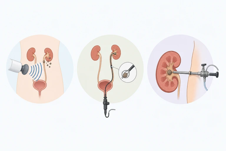 체외충격파, 내시경, 경피적 신장결석 제거술을 비교하는 치료법 도식