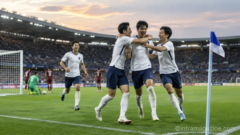 골문 구석으로 들어간 득점 후 동료들과 기쁨을 나누는 축구 선수들