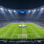야간 조명이 켜진 유럽 UCL 챔피언스리그 축구 경기장 전경