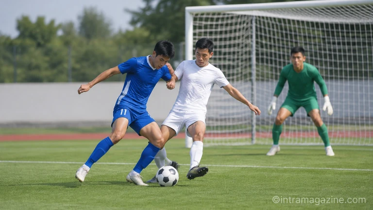 축구 경기 중 페널티 박스 안에서 상대 공격을 차단하는 수비수의 태클 장면