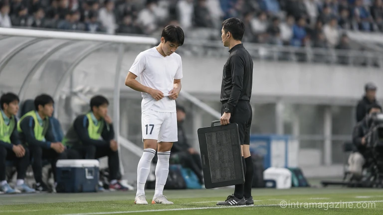 축구 경기 터치라인에서 교체 투입을 준비하는 선수의 모습