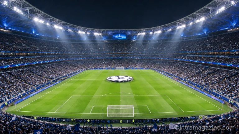 야간 조명이 켜진 유럽 UCL 챔피언스리그 축구 경기장 전경
