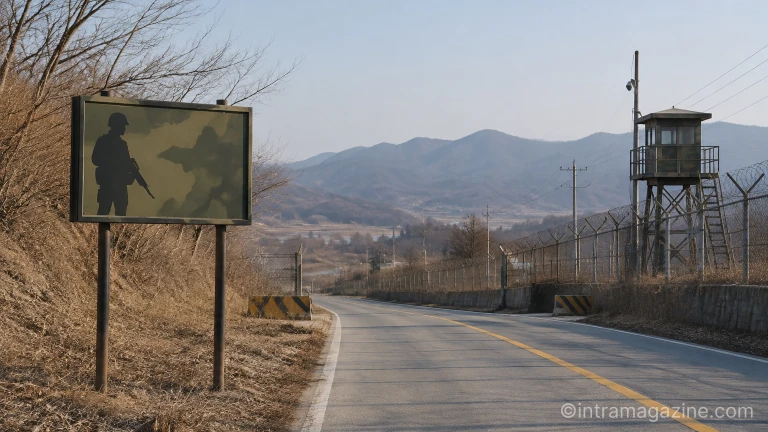 접경지 마을 도로변에 설치된 통제 구역 경계선과 한산한 도로